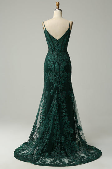 Mermaid Spaghetti Straps Peacock Green Ball Dress with Appliques